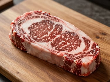 Close-up overhead shot of a thick ribeye steak on a wooden counter, visible marbling throughout the cut, natural daylight from the left, slightly warm tone, no props