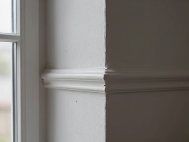 Close-up of a freshly painted interior wall corner meeting white baseboard trim, crisp caulk line visible, natural window light from left side