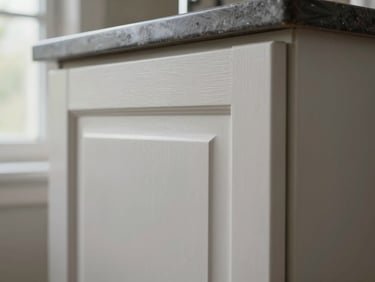 Extreme close-up of kitchen cabinet door face after refinishing, smooth painted surface showing clean panel edges and sharp corner detail, natural daylight from a nearby window