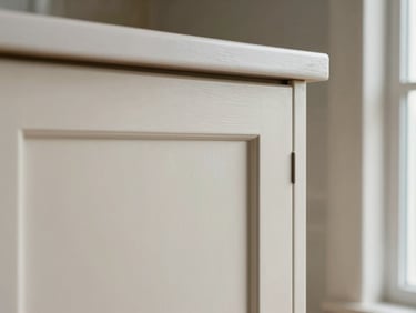 Close-up of refinished kitchen cabinet door panel, smooth factory-style topcoat in off-white, tight corner joint with clean caulk, natural window light from the right, no hardware installed