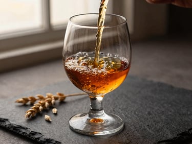 Close-up shot of rich amber liquid pouring cleanly into an elegant, stemmed glass, raw barley scattered on a dark slate surface, warm golden hour lighting, shallow depth of field.