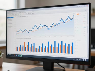 Wide monitor showing a financial data visualization dashboard, bar and line charts with precise grid lines, blue and orange data series, clean white background, natural daylight from left window