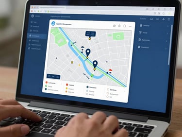 Close-up of a logistics management interface on a laptop screen, route map overlaid with status indicators, clean blue UI, hands on keyboard in lower foreground, controlled studio daylight