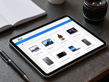 Tablet on a desk showing a B2B e-commerce product catalog interface, clean card grid layout with blue accents, pen and notebook beside the device, soft diffused daylight