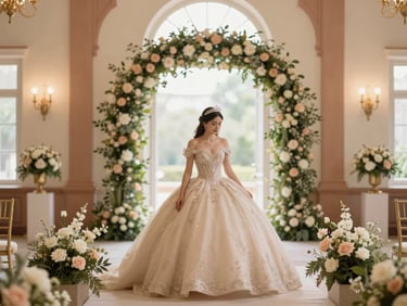 Elegant interior of El Encanto, decorated for a quinceañera with delicate floral arrangements, soft lighting, and a festive yet sophisticated atmosphere, cream and dusty sage tones.
