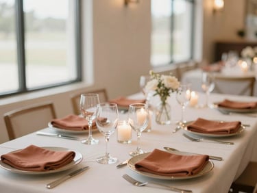 Elegant table setup with warm terracotta accents, delicate glassware, and soft candlelight in a modern Texas venue, warm editorial style