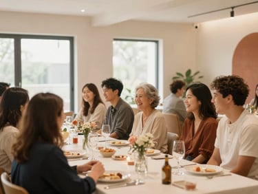 Warmly lit interior of a modern event venue, set up for a family celebration with a long table, soft focus on laughing faces, terracotta accents, natural light from windows.
