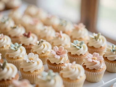 Close-up of a beautifully decorated dessert table with soft pastel floral accents, warm ambient lighting, cream and terracotta tones, shallow depth of field