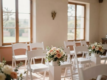 Sunlit interior of El Encanto set for a small, intimate wedding ceremony, elegant white chairs, soft floral decor, natural light streaming through windows, shallow depth of field.