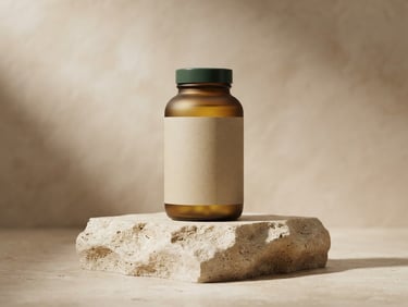 CEED Nutrition product bottle on an architectural stone plinth, crisp directional studio light, soft shadows, warm beige and forest green tones, sharp focus, 85mm
