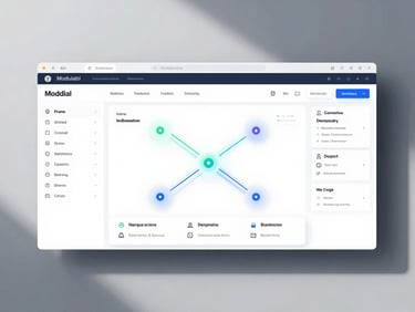 Straight-on flat-lay of a modular SaaS dashboard mockup showing clean node-network connections and glowing data flows, soft shadows, bright studio lighting.