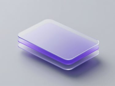 An isometric view of a digital dashboard mockup, featuring clean modular components, soft purple gradient accent lines, and semi-transparent glassmorphic layers over a soft gray background.