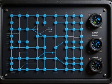 Flat-lay perspective of a dark-themed aviation telemetry interface, clean modular layout, vector node networks, bright electric blue accents, soft shadows.