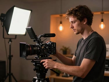 Plano médio de um criador de conteúdo focado operando um setup de gravação moderno, com iluminação fria de estúdio contrastada com pequenos pontos de luz quente laranja ao fundo, sem ostentação.