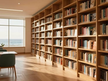 Bright, airy modern library interior with warm wood finishes, soft coastal shadows, creating a welcoming community atmosphere.
