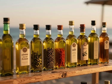 Saturated warm shot of colorful Mediterranean spices and olive oil bottles arranged neatly on a rustic wooden shelf, soft side lighting.