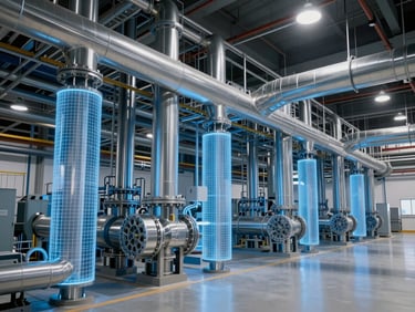 Completed industrial facility interior showing complex piping and HVAC systems, cool-toned studio lighting, sharp focus, 35mm