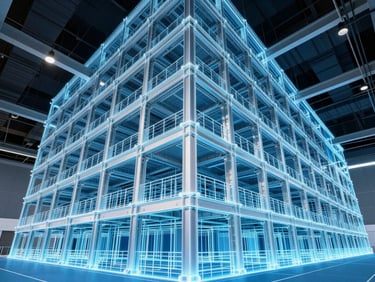 Finished modern commercial building interior showing exposed structural steel and MEP systems matching the digital model, high-contrast lighting