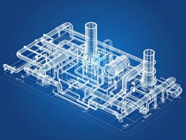 Detailed BIM model of complex industrial piping and HVAC systems, blueprint-blue background, high-contrast lines, sharp focus