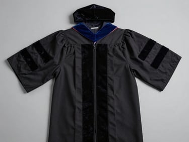 Overhead flat-lay of a Doctoral academic gown on a light grey surface, black fabric with velvet trim and full hood spread open, studio daylight, close seam texture