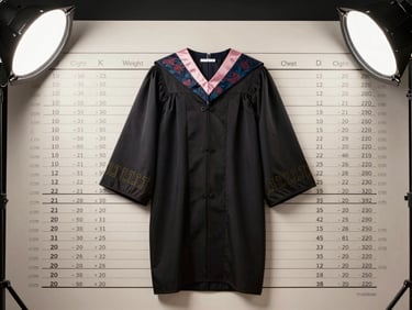 Frontal flat-lay of a printed academic gown sizing chart on off-white paper, columns showing height ranges in centimetres, weight in kilograms and chest circumference, clean overhead studio light, sharp detail on measurement numbers, no hands
