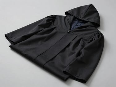 Overhead flat-lay of a Licence-level academic gown folded neatly on a light grey surface, black fabric, hood visible, studio daylight, sharp detail