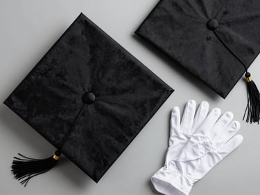 Overhead flat-lay of academic accessories arranged on a light grey surface: mortarboard cap, hood, tassel, and white gloves, studio daylight, clean editorial composition