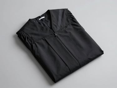 Close overhead flat-lay of a Licence-level black academic gown folded neatly on a light grey surface, hood stripe in plain black, studio overhead light, clean product view