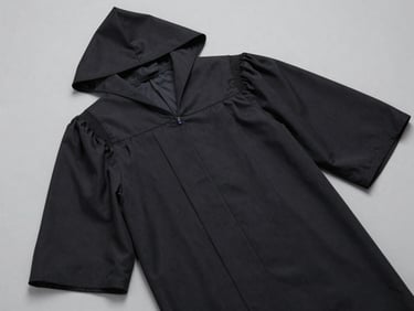 Overhead flat-lay of a Master-level academic gown folded on a light grey surface, black fabric with wider hood displayed open, studio daylight, crisp seam detail