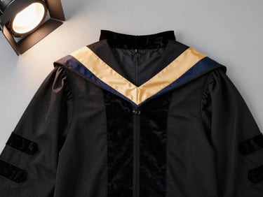 Close overhead flat-lay of a Master-level academic gown with velvet hood panel and coloured degree stripe, black fabric on light grey surface, studio overhead light, clean product view