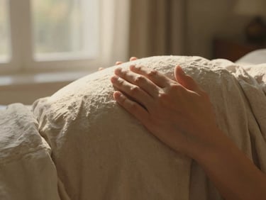 Woman's hand resting open on her pregnant belly, soft golden afternoon light from a nearby window, linen fabric texture, unhurried stillness