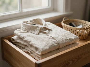 Warm editorial photography, soft natural window light, muted cream and oak tones, shallow depth of field, 35mm, a neatly folded stack of linen shirts in a drawer with a wooden divider, a small basket for accessories.