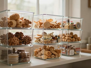 Warm editorial photography, soft natural window light, muted cream and oak tones, shallow depth of field, 35mm, stackable clear acrylic bins filled with neatly arranged snacks and small pantry items on a shelf.
