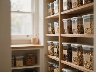 Warm editorial photography, soft natural window light, muted cream and oak tones, shallow depth of field, 35mm, a well-organized kitchen pantry with clear containers of dry goods, wooden shelves, and soft ambient light.