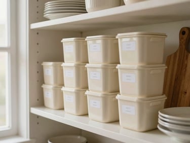 Warm editorial photography, soft natural window light, muted cream and oak tones, shallow depth of field, 35mm, a neatly organized kitchen pantry shelf with matching containers and clear labels, a stack of white plates, a wooden cutting board.