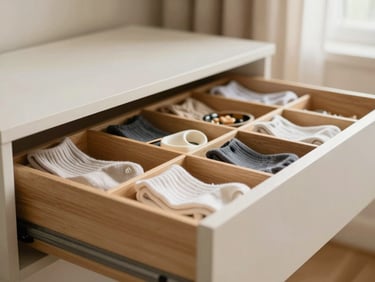 Warm editorial photography, soft natural window light, muted cream and oak tones, shallow depth of field, 35mm, an open drawer with adjustable wooden dividers creating compartments, neatly organized socks and small accessories.