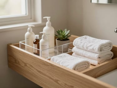 Warm editorial photography, soft natural window light, muted cream and oak tones, shallow depth of field, 35mm, an organized bathroom vanity drawer with clear acrylic dividers holding toiletries, a small potted plant, soft towels.