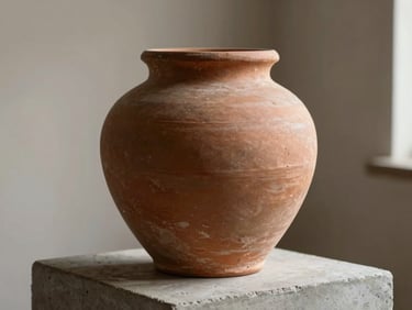 Close-up of a rustic textured terracotta vessel on a concrete pedestal, soft directional side lighting, minimal aesthetic