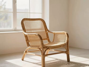 Bespoke minimalist rattan lounge chair styled in a bright modern sunroom, soft morning light, warm neutral tones