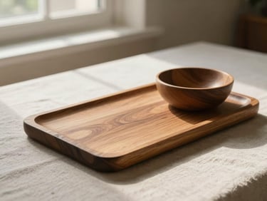 Teak wood serving board and bowl on a neutral linen tablecloth, warm morning window light, organic shadows