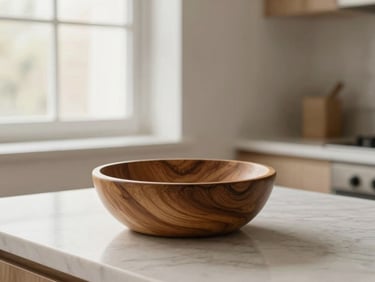 Minimalist styled kitchen with a single hand-carved teak wooden bowl on a clean marble countertop, soft window light, warm editorial style