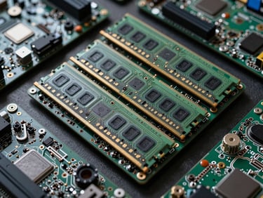 Close-up overhead shot of a pile of computer motherboards and RAM sticks with gold fingers visible, industrial warehouse lighting, high contrast