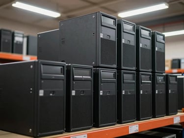 Wide shot of stacked old laptops and desktop tower PCs on warehouse shelving under fluorescent lighting, bulk quantity visible, industrial depth of field