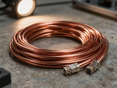 Close-up of coiled copper wiring and bundled network cables on a concrete warehouse floor, warm industrial overhead light catching the copper sheen, high contrast