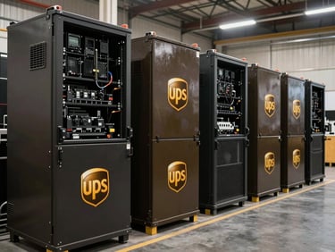 Row of large UPS battery units and telecom rack equipment on a warehouse floor under industrial lighting, bulk scale visible, high contrast