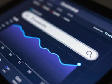 Macro shot of an organic search traffic dashboard showing complex data visualization curves in electric blue and violet, cool-toned low-key lighting, sharp focus.