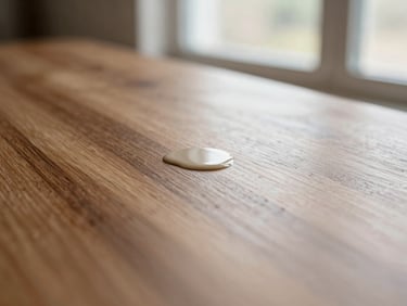 Macro shot of liquid matte polyurethane finish being smoothly applied to a solid wood panel, soft natural side light, shallow depth of field, 35mm