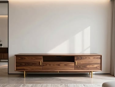 A sleek modern minimalist living room with custom walnut TV cabinet, clean white walls, warm ambient lighting, architectural framing, 35mm