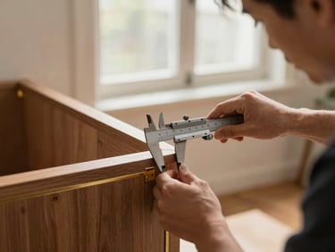 A professional craftsman measuring a customized wooden cabinet joint with a steel caliper, focused lighting, hands visible, 35mm