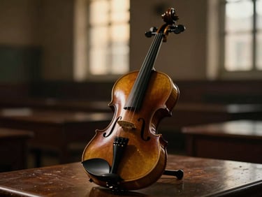 Soft light reflecting off the polished wood of a violin in a dimly lit hall, warm cinematic glow, shallow depth of field